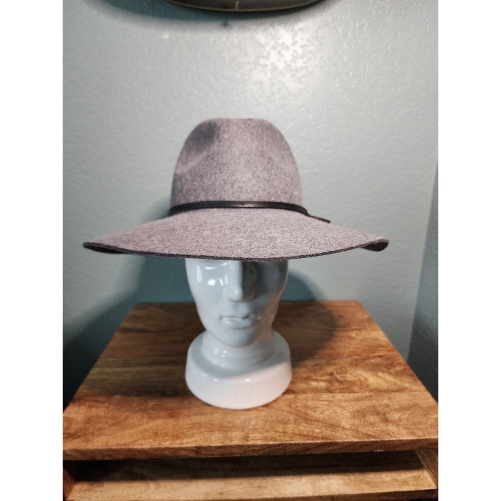 Phenix Womens 100% Wool Wide Brim Fedora Hat Grey Leather Trim One Size